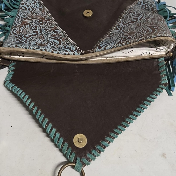 NWT Myra Effervescence Leather And Hair-On Tooled Turquoise Shoulder Bag - Picture 9 of 16